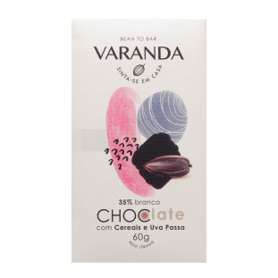 Chocolate Varanda 35% Branco com Cereais e Uva Passa 60g